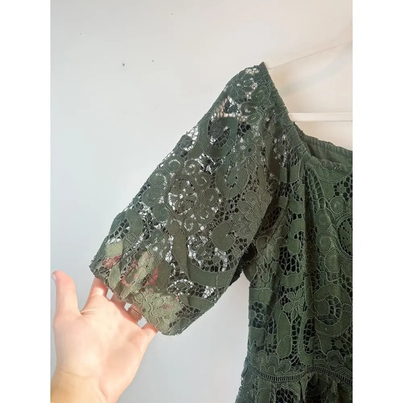 Nanette Lepore Dark Green Lace Midi Dress Puff Sleeve Holiday Size 8 - Picture 6 of 13